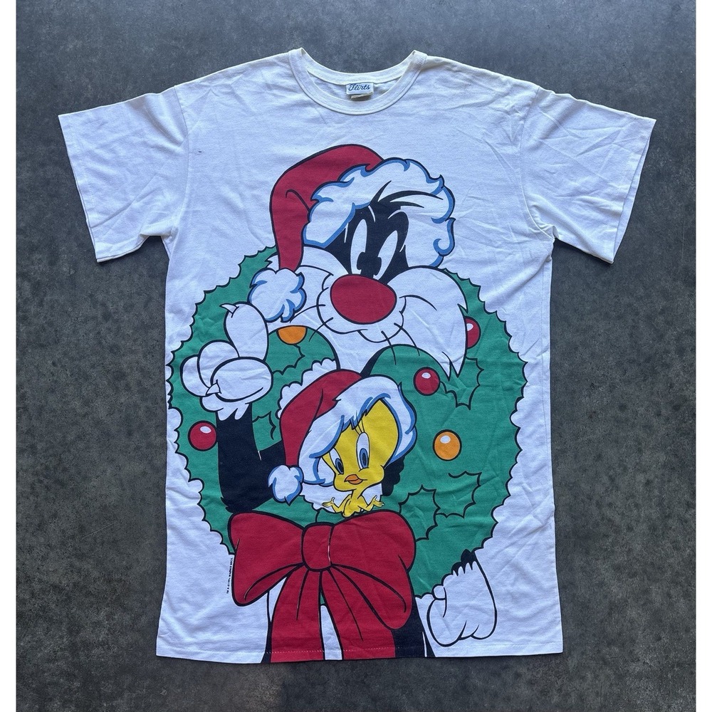 VTG 90s Looney Tunes T-Shirt Single Stitch Flirts Christmas Sylvester Tweety OS